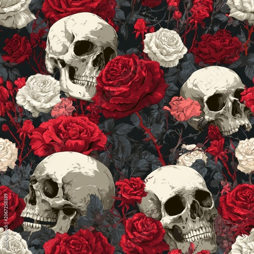 Gothic Skulls and Roses Seamless Pattern