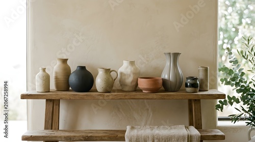 Collection of Ceramic and Clay Vessels Arranged on a Wooden Shelf Offering an Artistic Display of Textures and Earth Tones with Natural Light Streaming In Creating a Serene Home Decor Aesthetic