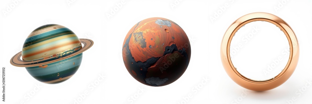 Fototapeta premium Planets Saturn, Mars, plus ring object shown. Minimalist style, white background, studio lighting. Simple composition, celestial bodies.