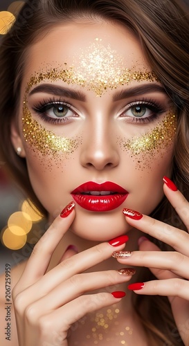 Woman with red lipstick and golden jewelry close up.