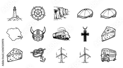 Obraz na płótnie UK Icons Collection: Lighthouse, Rose, Stonehenge, Flat Caps, Viking Helmet, Tra