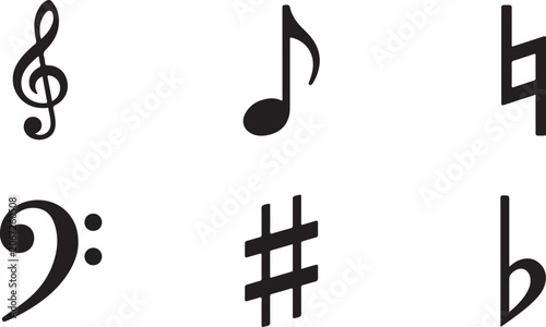 Obraz na plátně Set of six black musical symbols and clef signs flat sharp quarter note Vector