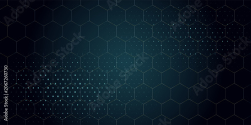 Luxurious abstract background with glowing halftone dots and sparkling golden hexagonal lines. Modern design with elegant line elements. Vector illustration.