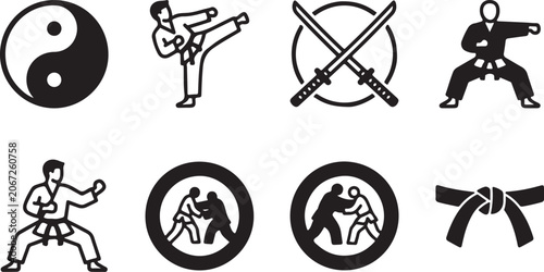 Photos Eight black and white martial arts icons and symbols set Vector
