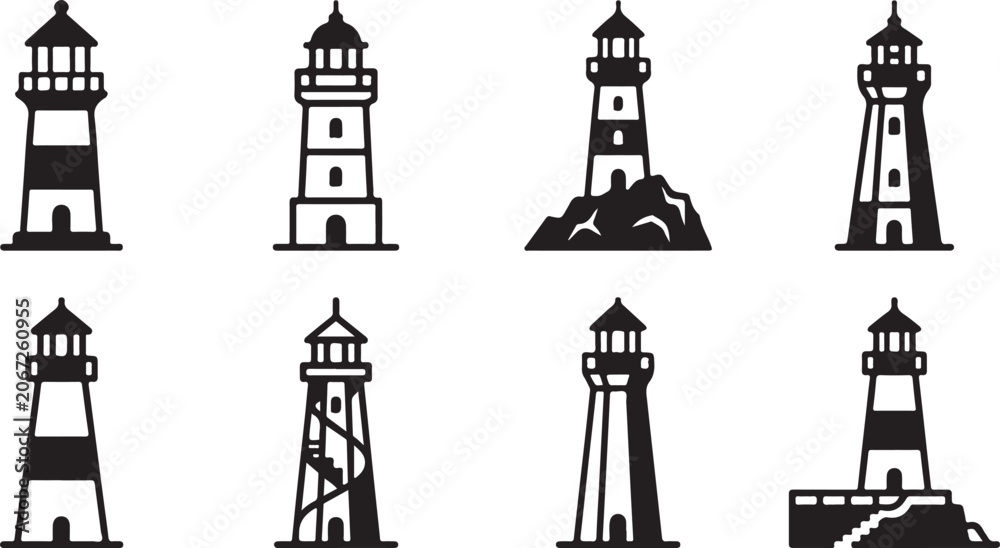 Fototapeta premium Set of eight stylish black and white lighthouse icons Vector