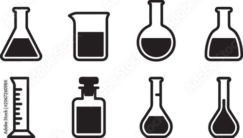 Фотография Set of eight black liquid-filled laboratory glassware icons Vector
