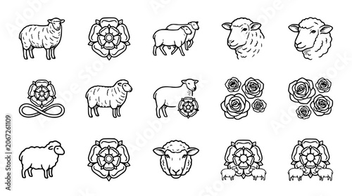 Sheep and Tudor Rose Icons Set: Line Art Vector Illustrations for British Heritage