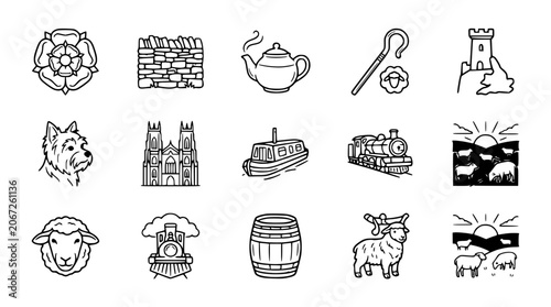 British Countryside Icons: Yorkshire Rose, Sheep, Castle, Train, Church, Canal Boat