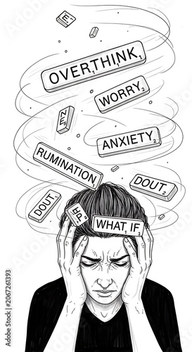 Woman with thought bubbles showing stress and anxiety.