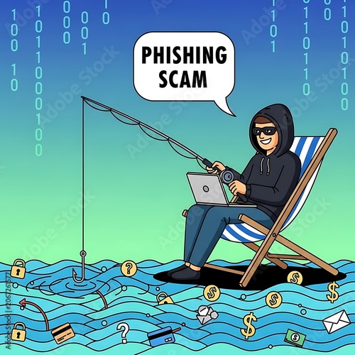 Woman working on laptop with phishing scam warning.