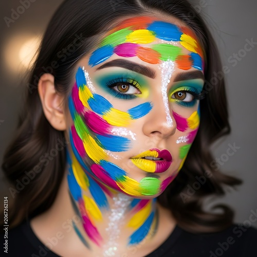 Woman with vibrant abstract face paint portrait.