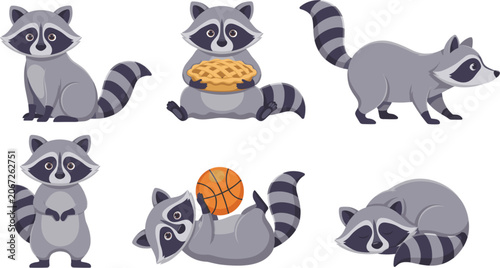 Cute cartoon raccoon character vector illustration collection isolated on white background, grey forest mammal animal in different poses eating pie and playing basketball icon set.