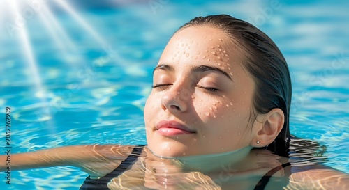 Woman with water droplets on face smiling underwater.