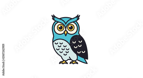 Cute stylized owl illustration in shades of blue and black standing upright on a clean white background for educational purposes.