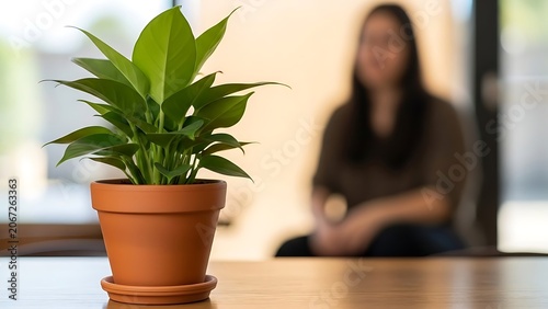 Woman working at home with potted plant.