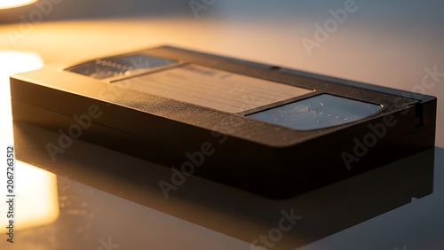 Vintage VHS tape on a reflective surface with warm lighting.