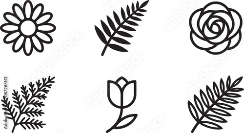Set of six black and white floral and leaf vector illustrations Vector