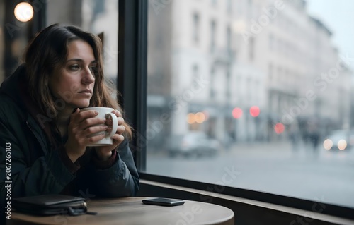 Woman enjoying coffee at cafe table.