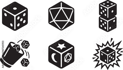 Tableau sur toile Black dice icons set with explosion and moon symbols Vector