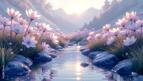 Dreamy Pink Lotus Flowers Along a Serene Mountain Stream at Sunrise