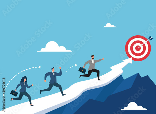 Business people running up a mountain path towards a target, Career growth, Achieving goals, Team motivation, Leadership guidance, Pathway to success