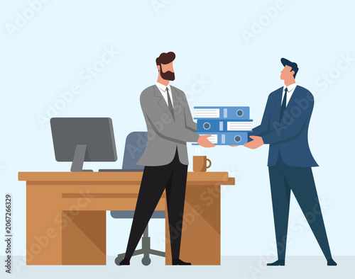 Businessmen Transferring Office Files: Document Management, Workplace Collaboration, Task Delegation, Corporate Handover, Office Workflow