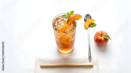 Iced peach tea cocktail in textured glass with fresh fruit slices and mint leaves, summer refreshment drink menu photography