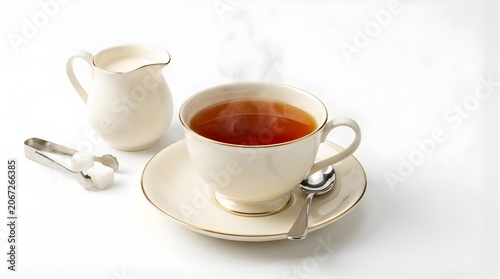 Steaming cup of hot black tea with milk jug and sugar cubes on saucer, morning breakfast, cafe menu, beverage culture