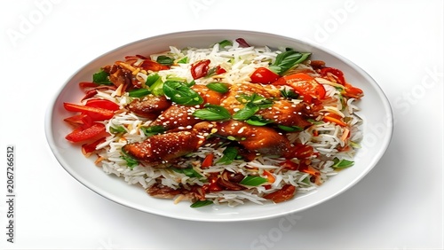 Stir fry chicken with fluffy basmati rice and fresh bell peppers in a round bowl for Asian fusion dinner menu presentation