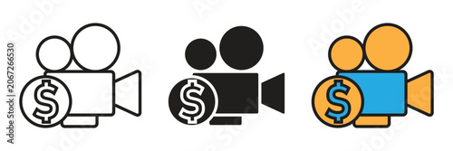 Cinema video camera with financial money dollar icon. Vector icon depicting a movie cinema video camera combined with a financial money dollar sign for video monetization.