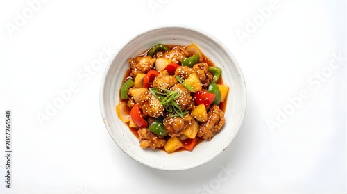 Sweet and sour pork with pineapple and bell peppers in a ceramic bowl top view for asian restaurant menu culinary