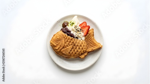 Taiyaki fish shaped waffle with soft serve ice cream red bean paste and sliced strawberries served on rustic plate