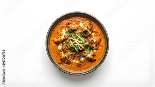 Top down view of butter chicken curry in dark bowl with coriander ginger garnish indian food menu dish presentation