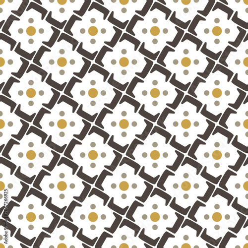 Abstract floral pattern white flowers motif seamless geometric background. Square shape element modern Japanese style fabric design textile swatch allover print block. White, brown, yellow green color