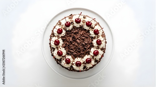 Top view of black forest cake with whipped cream and cherries on cake stand, delicious dessert, celebration, holiday party