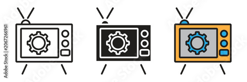 Retro television set with gear settings configuration icon. Vector icon depicting an old retro television screen containing a mechanical cogwheel gear symbol for standard technical configuration.