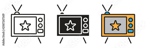Retro television set with rating star symbol icon. Vector illustration showing a vintage television set with a premium quality rating star symbol on its main screen.