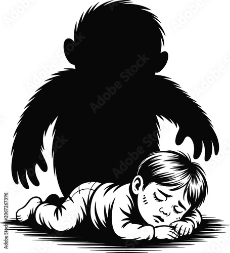 Sleeping baby on the floor with large monster shadow looming behind