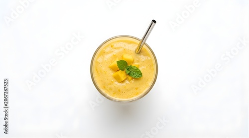 Top view of refreshing mango smoothie in a glass with metal straw and fresh mint garnish ideal for summer menu