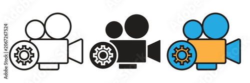Cinema video camera with gear configuration icon. Vector illustration representing a professional film video camera with a gear cogwheel for production settings or technical processing.