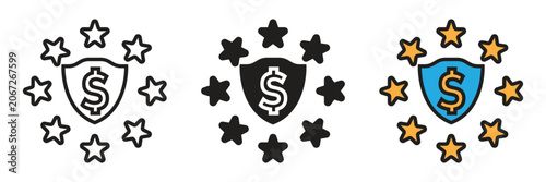 Financial shield money dollar with stars icon. Vector icon showcasing a money dollar sign on a shield surrounded by a circular ring of rating stars.