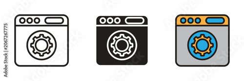 Web browser window with technical gear settings icon. Vector illustration showing a website dashboard browser interface containing a mechanical cogwheel gear wheel for internet platform configuration.
