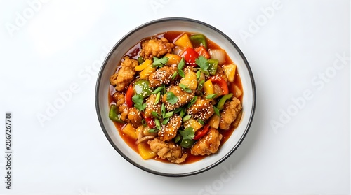 Top view of sweet and sour chicken stir fry with pineapple bell peppers and sesame seeds in a speckled ceramic bowl