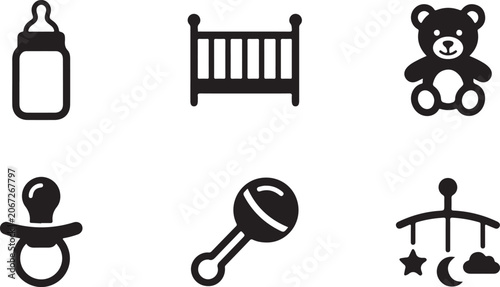 Foto Flat icons set of baby nursery items including bottle, crib, teddy bear, pacifie