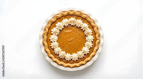 Top view pumpkin pie with whipped cream swirl topping, autumn seasonal holiday dessert, thanksgiving celebration food feast