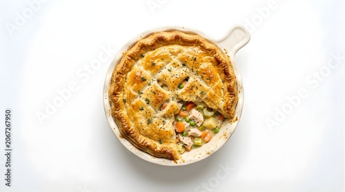 Isolated golden chicken pot pie in ceramic dish showing flaky crust with savory vegetable filling and herbs