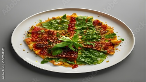 Vegetable pizza on white ceramic plate with tomato sauce and fresh green arugula topping for healthy lunch restaurant menu
