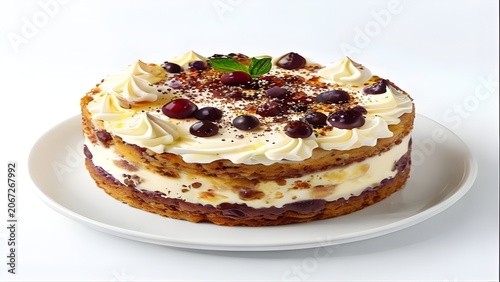 Whole layered sponge cake topped with fresh berries whipped cream and chocolate shavings on white plate for dessert menu