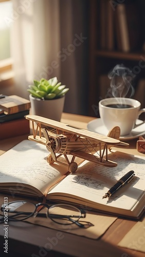 Vintage wooden airplane model on an open book with a steaming cup of coffee on a desk.