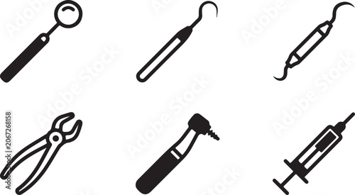 Six black and white medical dental tools icon set Vector